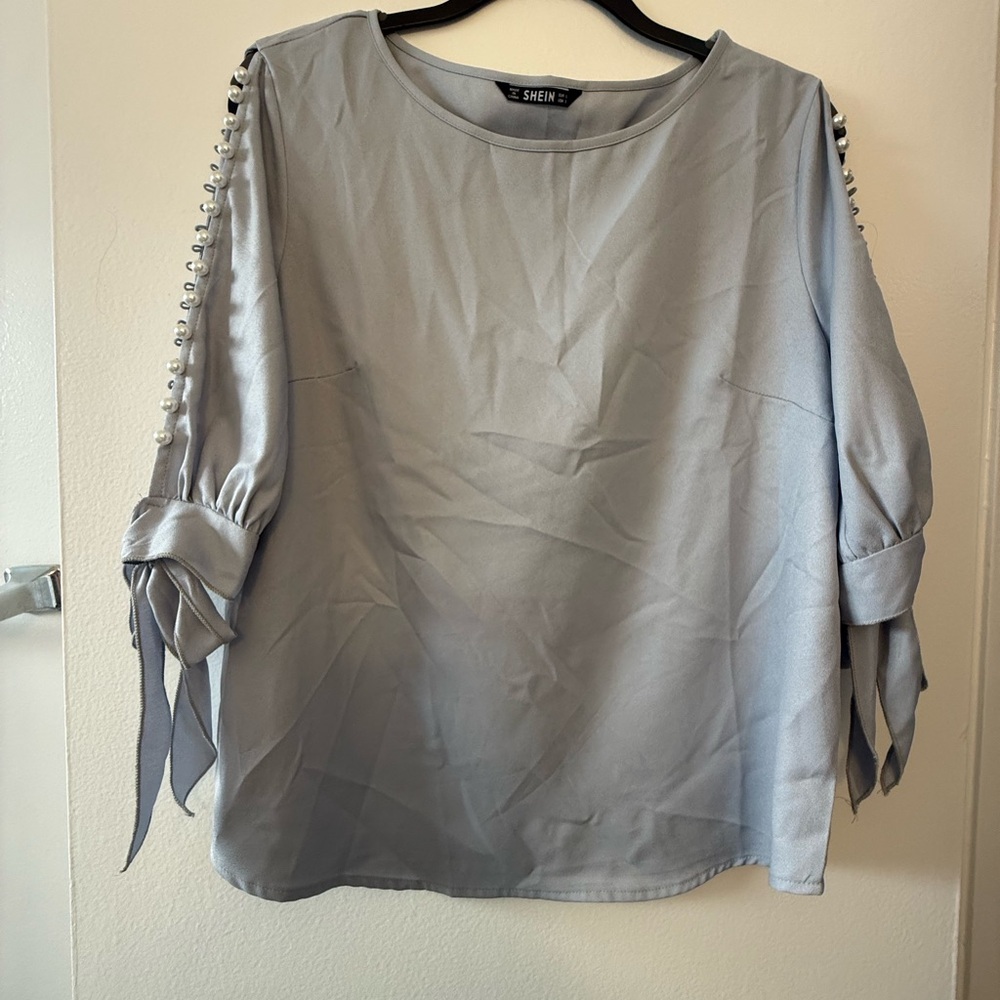SHEIN Gray Boxy Blouse with Tie Front 3/4 Sleeves